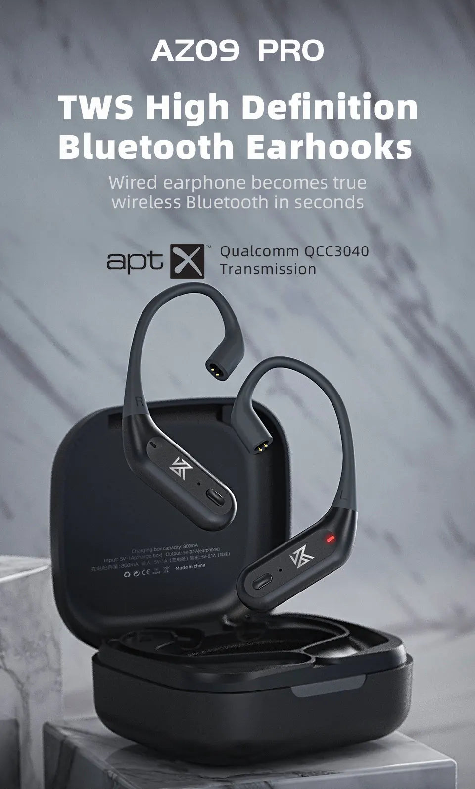 KZ AZ09 PRO Bluetooth 5.2 Cable Upgrade Wireless Ear Hook Earphone Cable With Charging Case For KZ ZAS ZAX ZSX AST ZS10 EDX PRO