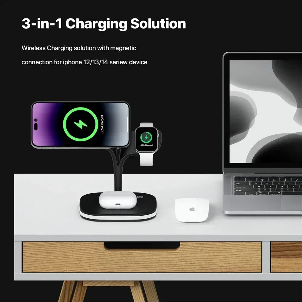 Magnetic 3 in 1 Wireless Charger For iPhone 16 15 14 13 12 Pro Max Fast Wireless Charging Station For Apple Watch 9 /AirPods Pro