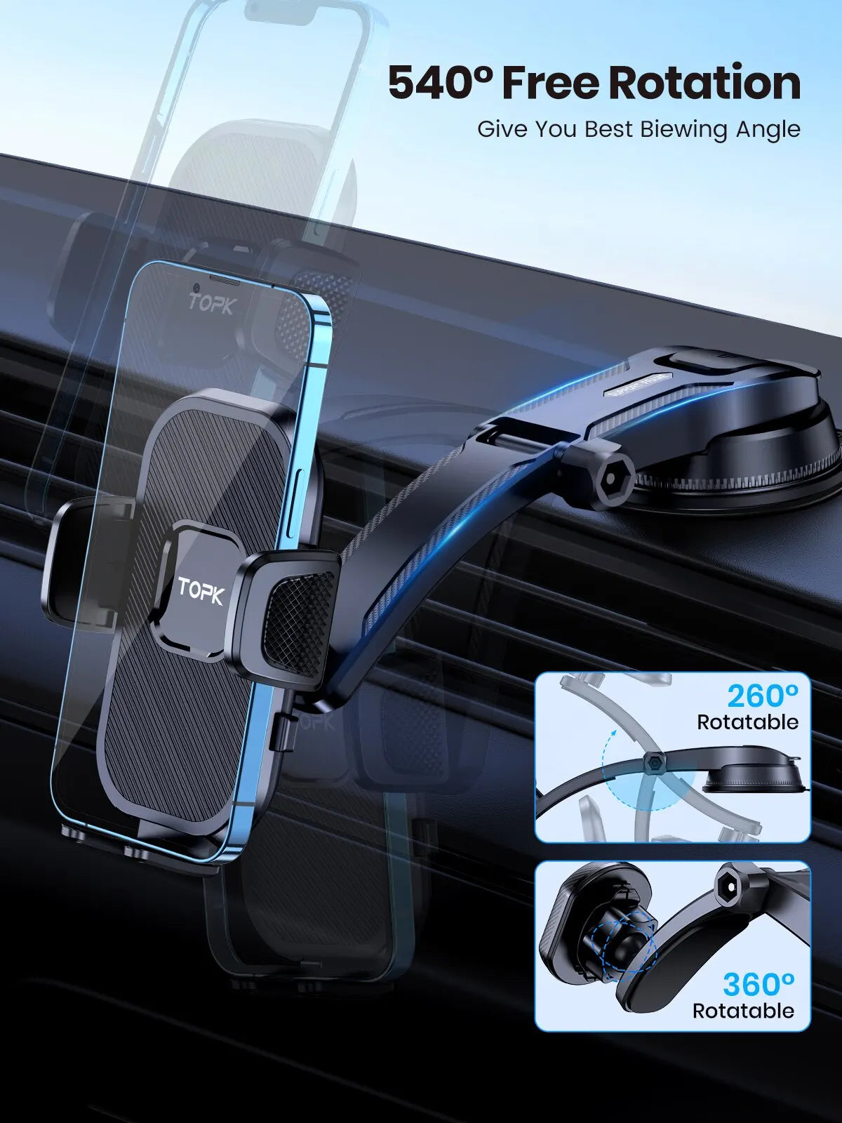 Topk Car Phone Holder - Gravity Stand for Dashboard & Vent