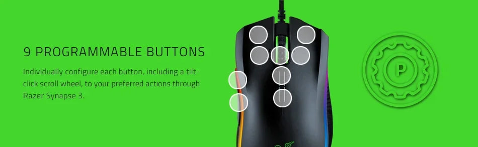 Razer Mamba Elite 5G 16000 dpi wired gaming mouse, optical sensor, 9 programmable buttons, mechanical switches, ergonomic shape