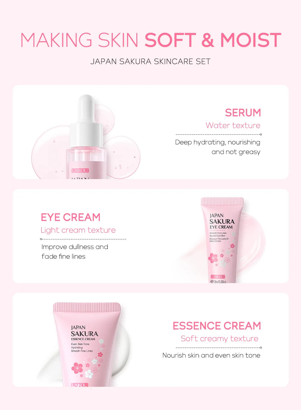 3pcs/set LAIKOU Vitamin C 24K Golden Sakura Skin Care Sets Face Cream