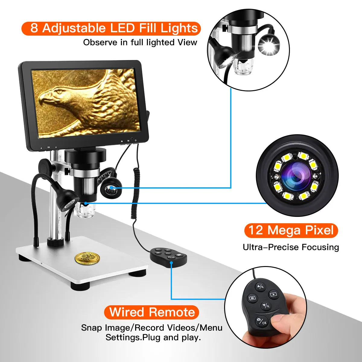 TOMLOV DM9 Digital USB Electronic Microscope 1080P 7" LCD Display 1200X Magnification Microscopio for Phone Repairing
