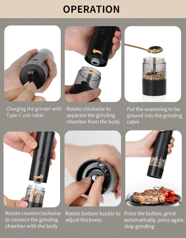 New Rechargeable Electric Salt and Pepper Grinder Adjustable Coarseness Large Capacity Auto Spices Grinders Kitchen Cooking Tool