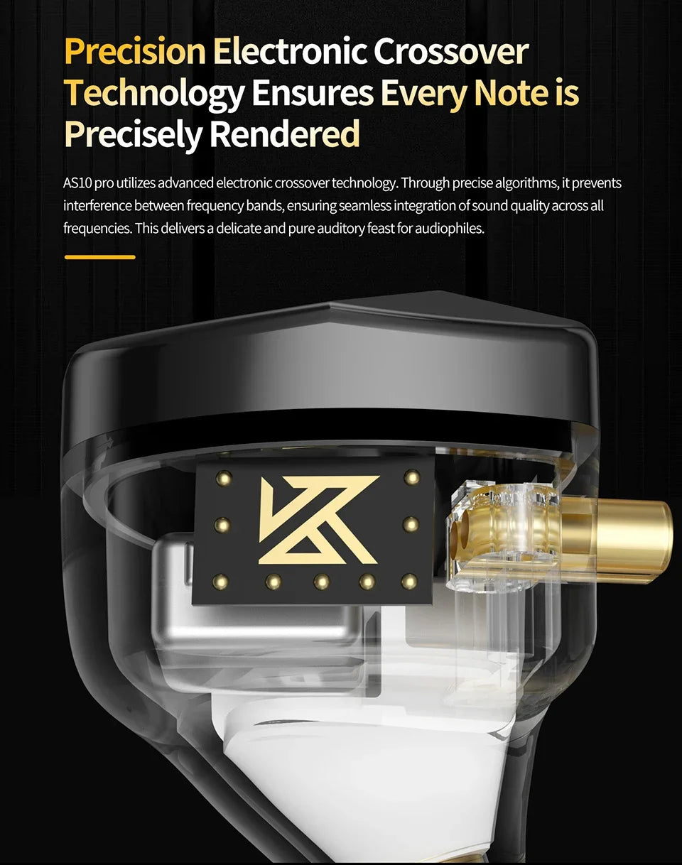 KZ AS10 PRO 5BA IEM In-Ear Monitor HiFi Bass Stereo Earphones Wired Earbuds with Silver-plated Cable for Audiophiles Musicians