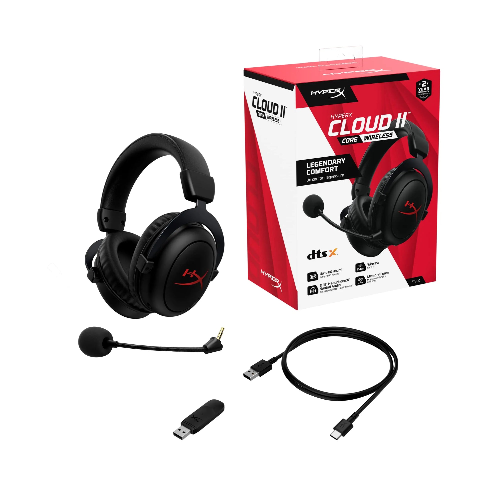 HyperX Cloud II Core Wireless Headset Gaming USB for PC Windows Computer Gamer Detachable Noise Cancelling Microphone DTS Headph