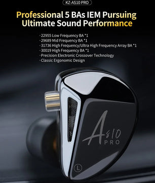KZ AS10 PRO 5BA IEM In-Ear Monitor HiFi Bass Stereo Earphones Wired Earbuds with Silver-plated Cable for Audiophiles Musicians