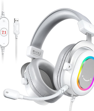FIFINE RGB Gaming Headset with 7.1 Surround Sound/3-EQ/MIC,Over-ear Headphone with In-line Control for PC PS4 PS5 Ampligame-H6W
