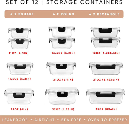 24pc Airtight Glass Food Storage Containers with Lid