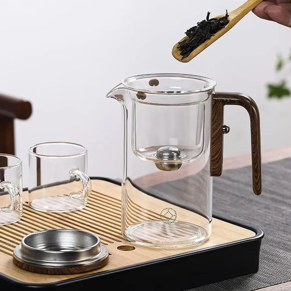 Glass Teapot with Magnetic Switch & Wood Handle – Tea Separation & Filtration