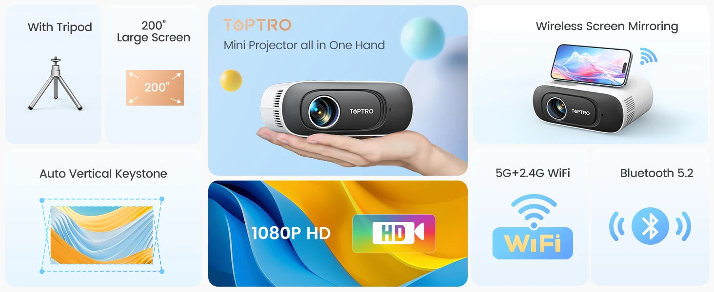 TOPTRO Mini Projector Full HD Support 1080P 16000 Lumens Auto Keystone WiFi Bluetooth Video Projector Portable Home Theater