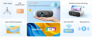 TOPTRO Mini Projector Full HD Support 1080P 16000 Lumens Auto Keystone WiFi Bluetooth Video Projector Portable Home Theater