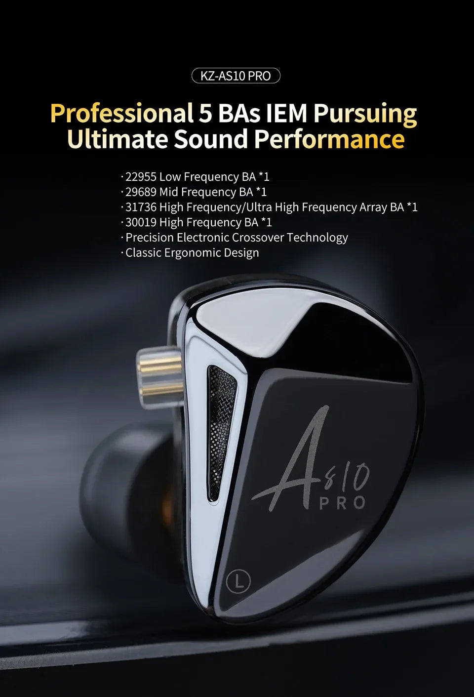 KZ AS10 PRO Earphones 5BA IEMs In-Ear Monitors HiFi Headphones Wired Earbuds with Silver-plated Cable for Audiophiles Musicians
