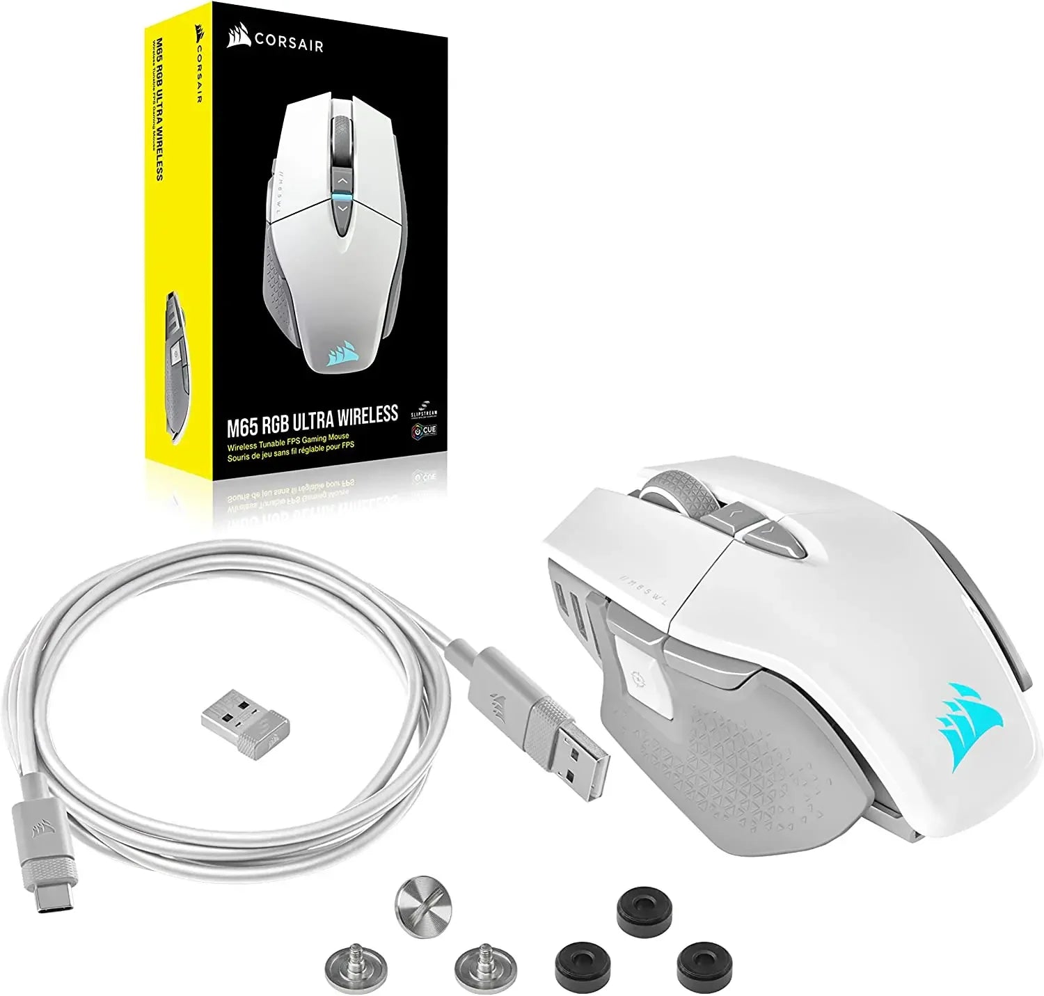 Corsair M65 RGB Ultra Wireless Tunable FPS Wireless Gaming MouseSub-1ms Slipstream Wireless Technology 26,000 DPI -White/Black