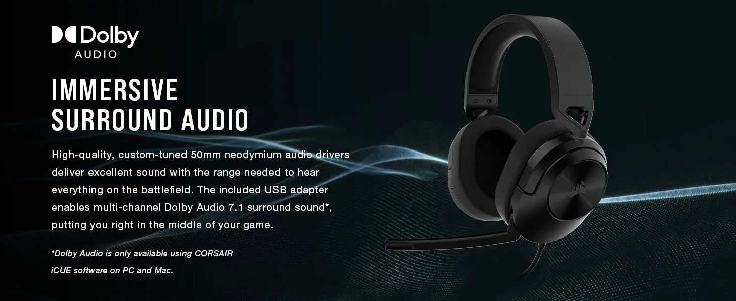 Corsair HS55 Surround Gaming Headset (Leatherette Memory Foam Ear Pads, Dolby Audio 7.1 Surround Sound on PC and Mac