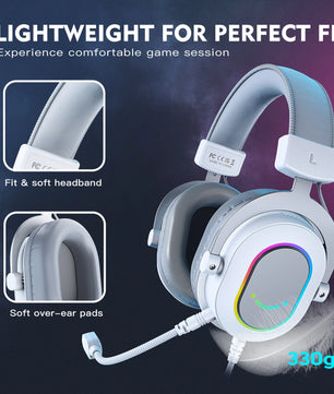 FIFINE RGB Gaming Headset with 7.1 Surround Sound/3-EQ/MIC,Over-ear Headphone with In-line Control for PC PS4 PS5 Ampligame-H6W