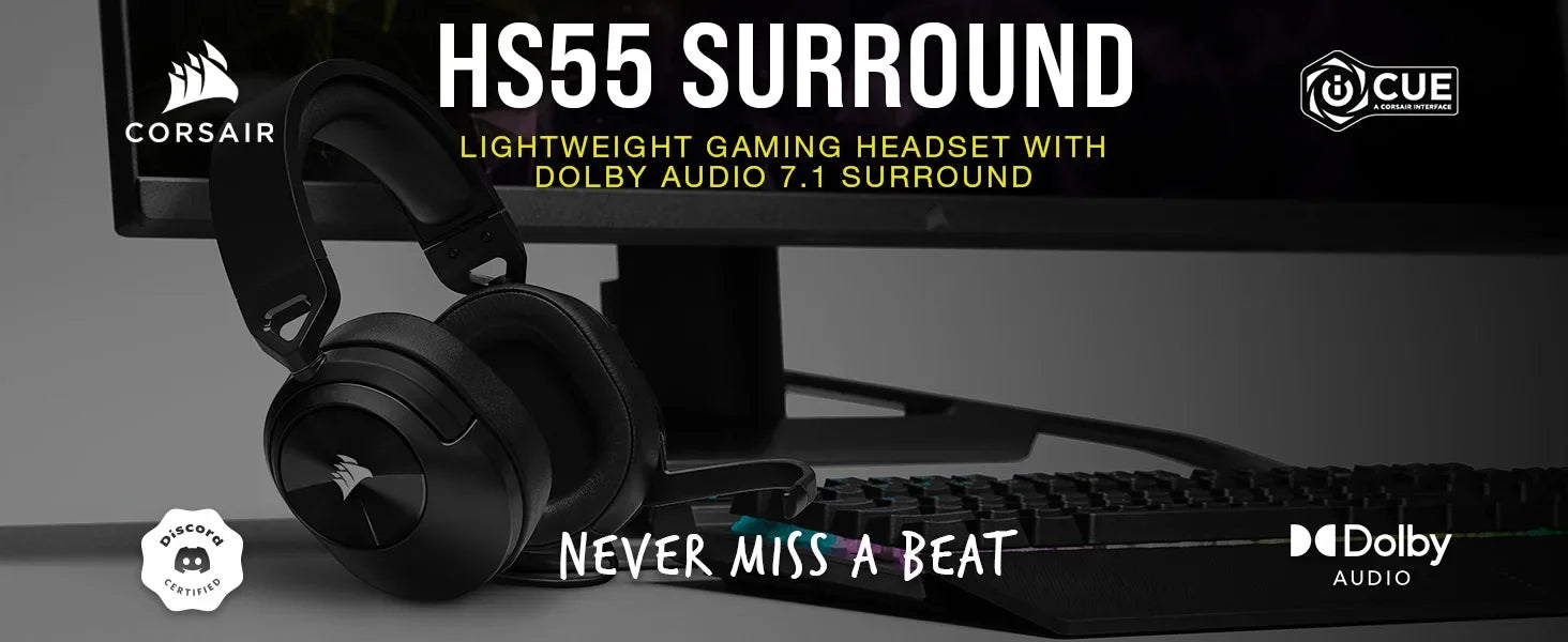 Corsair HS55 Surround Gaming Headset (Leatherette Memory Foam Ear Pads, Dolby Audio 7.1 Surround Sound on PC and Mac