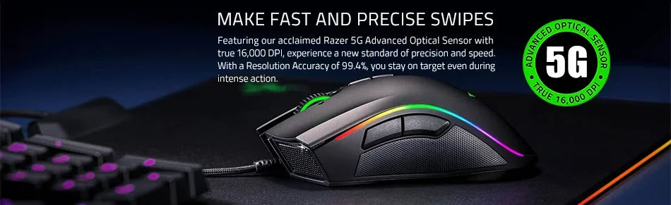 Razer Mamba Elite 5G 16000 dpi wired gaming mouse, optical sensor, 9 programmable buttons, mechanical switches, ergonomic shape