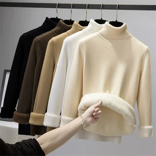 Turtleneck Winter Sweater Women Elegant Thicken Velvet Lined Warm Sueter Knitted Pullover Slim Tops Jersey Knitwear Jumper New