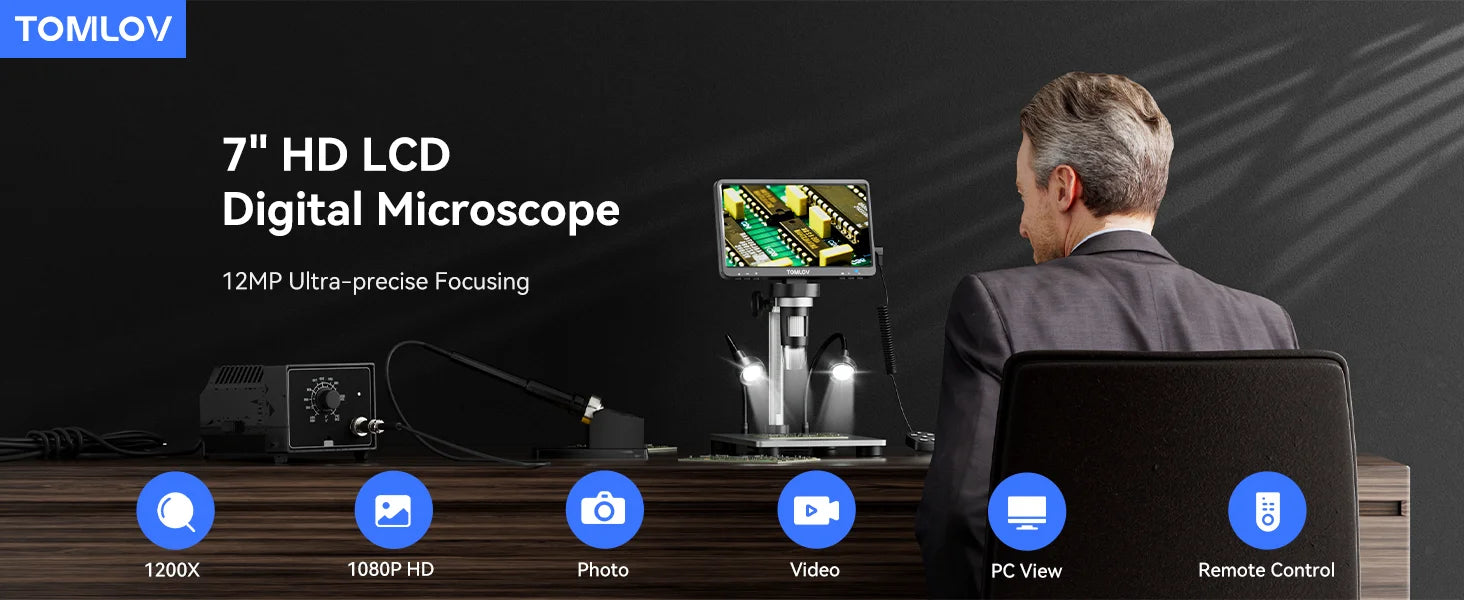 TOMLOV DM9 Digital USB Electronic Microscope 1080P 7" LCD Display 1200X Magnification Microscopio for Phone Repairing