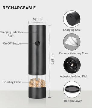 New Rechargeable Electric Salt and Pepper Grinder Adjustable Coarseness Large Capacity Auto Spices Grinders Kitchen Cooking Tool