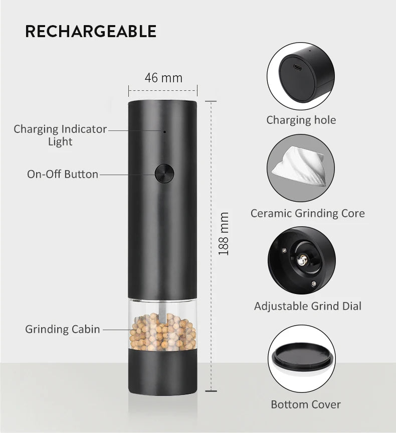 New Rechargeable Electric Salt and Pepper Grinder Adjustable Coarseness Large Capacity Auto Spices Grinders Kitchen Cooking Tool