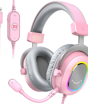 FIFINE RGB Gaming Headset with 7.1 Surround Sound/3-EQ/MIC,Over-ear Headphone with In-line Control for PC PS4 PS5 Ampligame-H6W