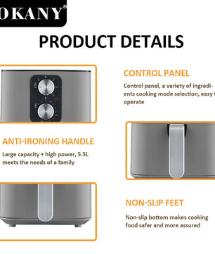 Multifunctional Air Fryer Home 5.5L Smokeless Low Fat High Power Electric Roast Chicken & French Fries Healthy