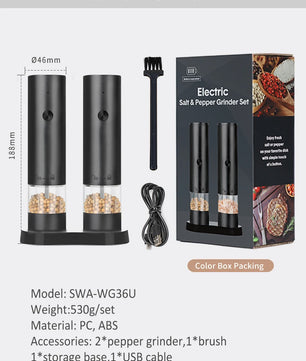 New Rechargeable Electric Salt and Pepper Grinder Adjustable Coarseness Large Capacity Auto Spices Grinders Kitchen Cooking Tool