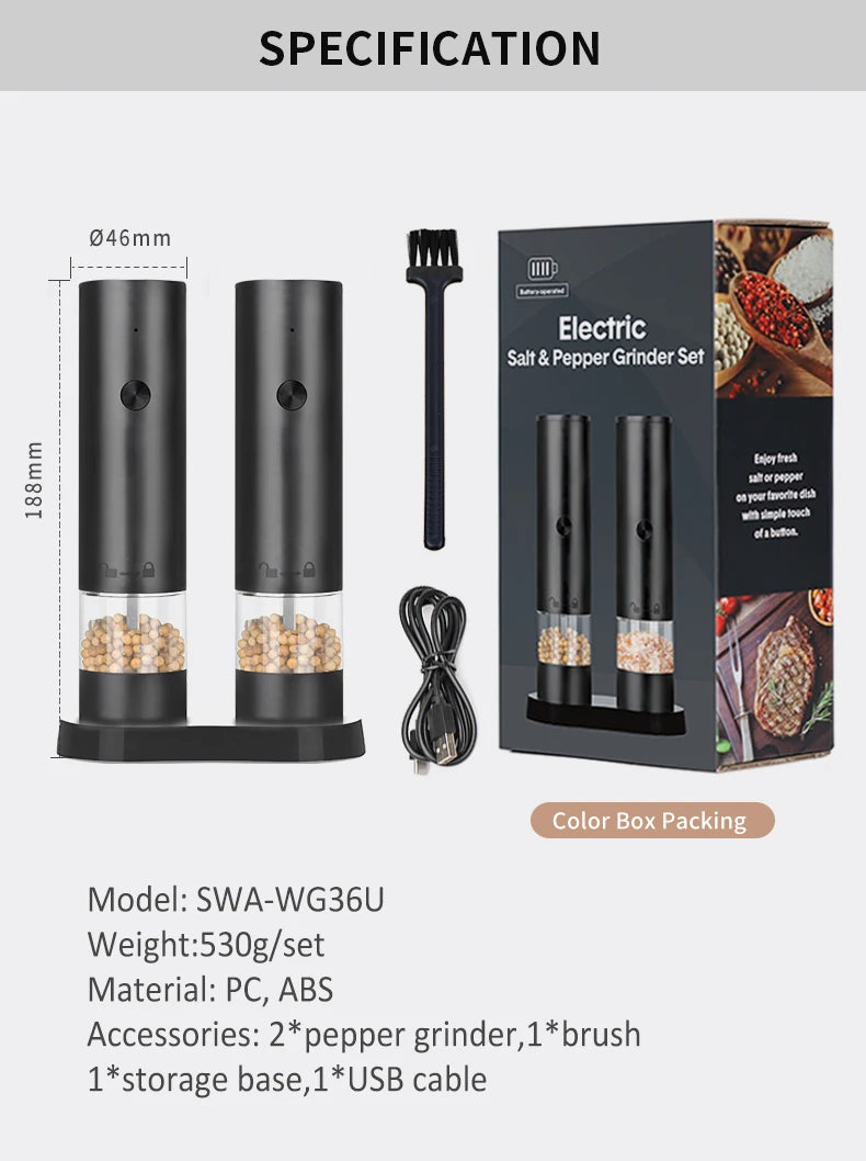 New Rechargeable Electric Salt and Pepper Grinder Adjustable Coarseness Large Capacity Auto Spices Grinders Kitchen Cooking Tool