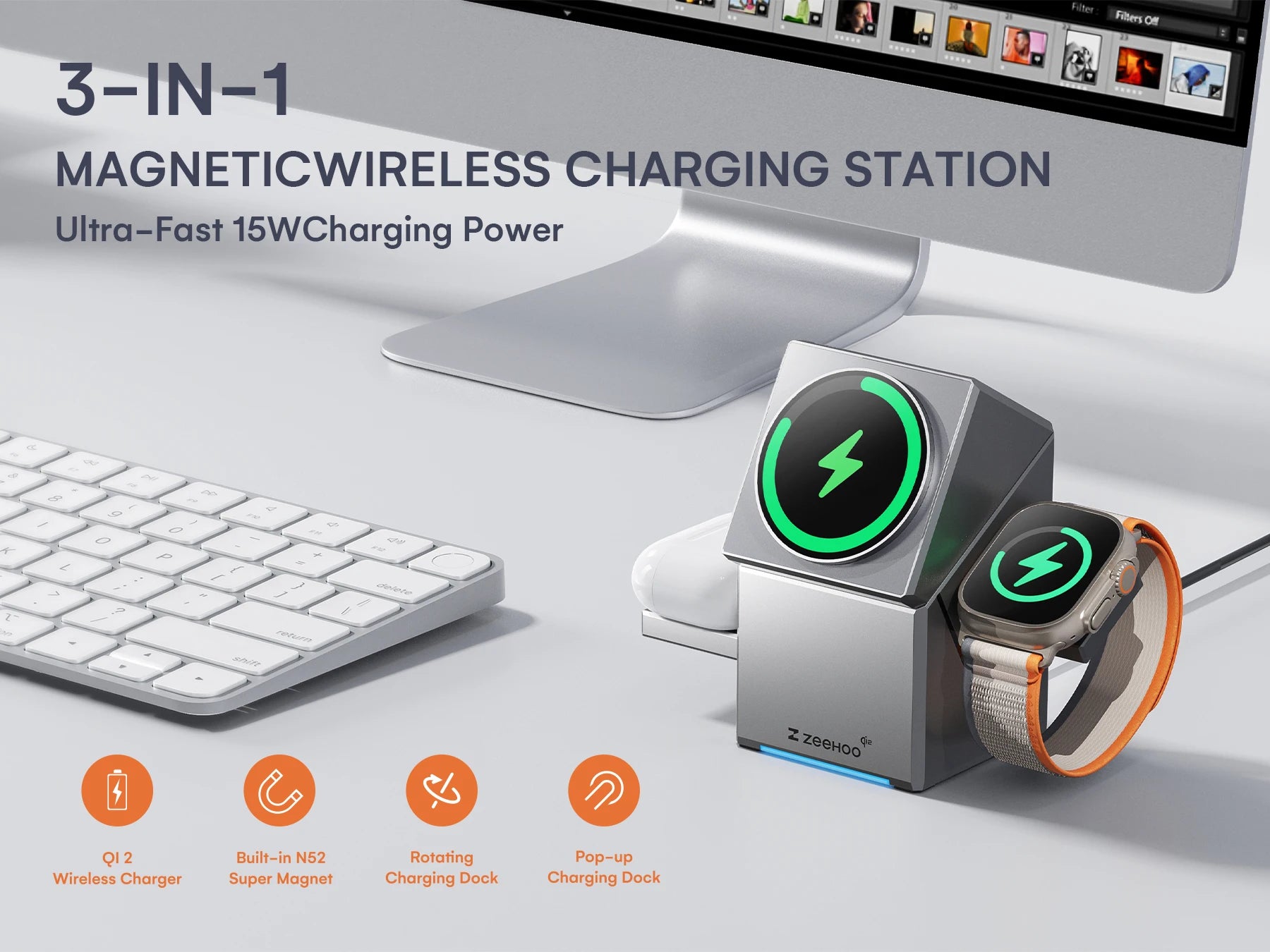 ZEEHOO CubeTrick-X， 3 In 1 15W Fast Charger Wireless ,  Qi2  Wireless Charger， For iphone16 15 14 pro max, Apple Watch ,airpods