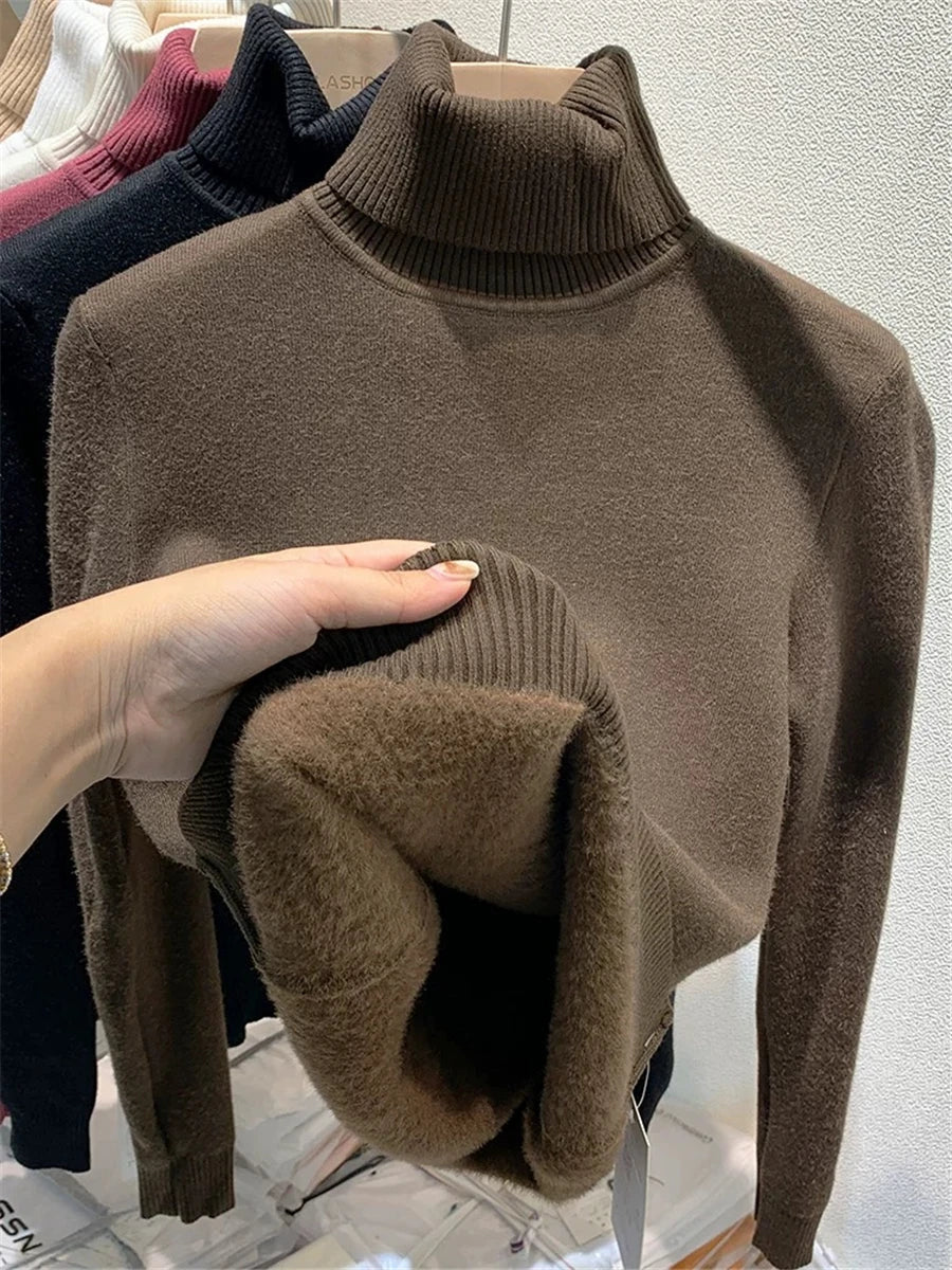 Turtleneck Winter Sweater Women Elegant Thicken Velvet Lined Warm Sueter Knitted Pullover Slim Tops Jersey Knitwear Jumper New