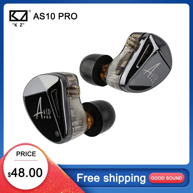 KZ AS10 PRO 5BA IEM In-Ear Monitor HiFi Bass Stereo Earphones Wired Earbuds with Silver-plated Cable for Audiophiles Musicians