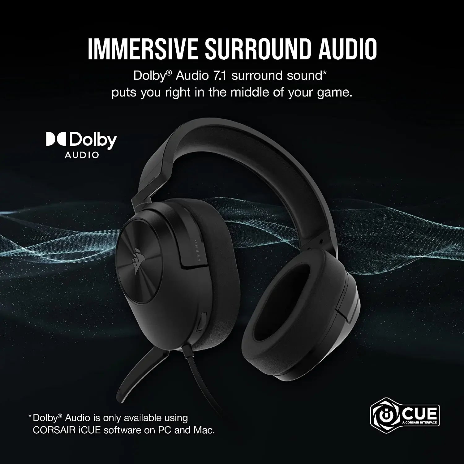 Corsair HS55 Surround Gaming Headset (Leatherette Memory Foam Ear Pads, Dolby Audio 7.1 Surround Sound on PC and Mac