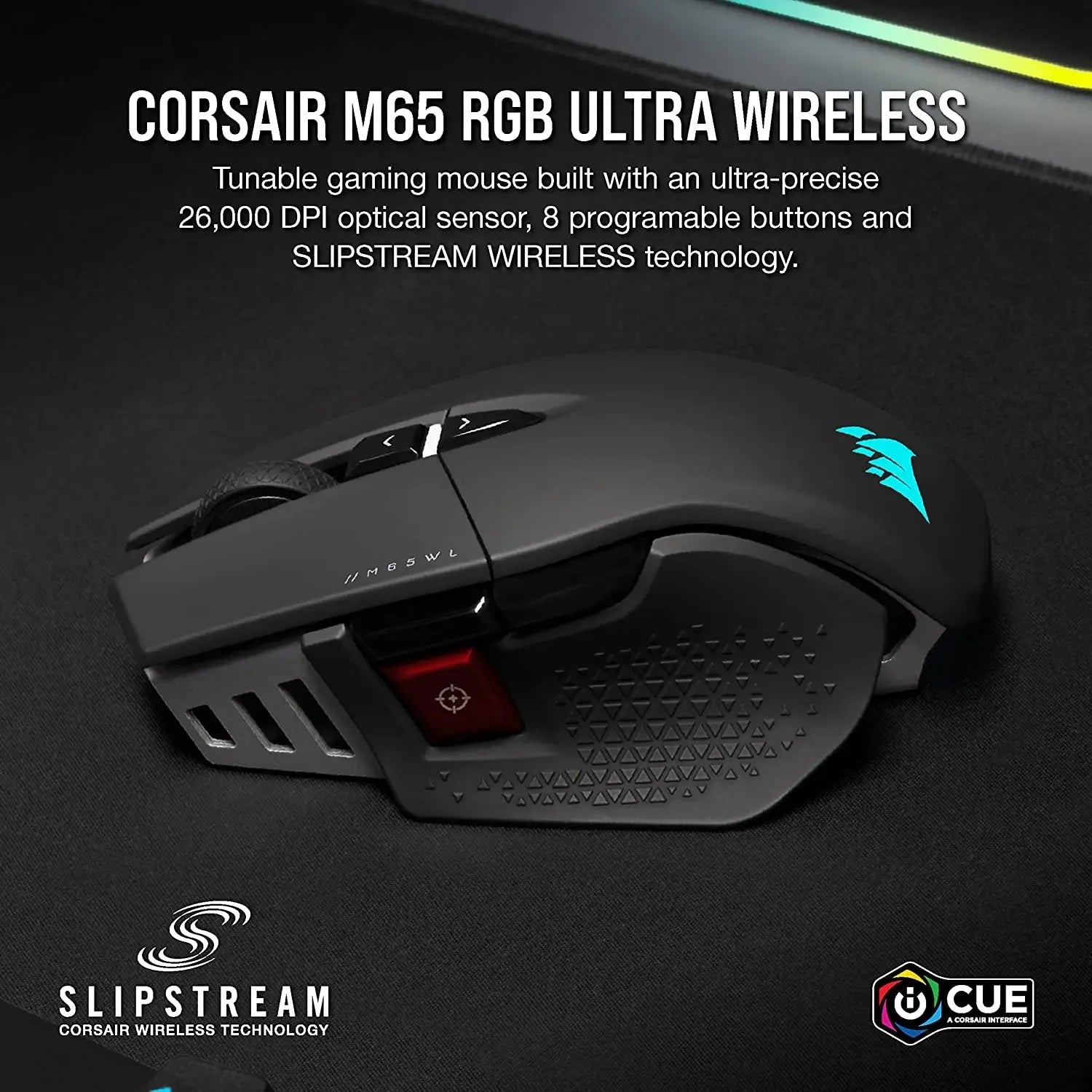 Corsair M65 RGB Ultra Wireless Tunable FPS Wireless Gaming MouseSub-1ms Slipstream Wireless Technology 26,000 DPI -White/Black