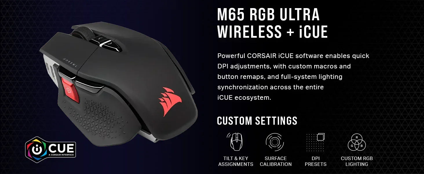 Corsair M65 RGB Ultra Wireless Tunable FPS Wireless Gaming MouseSub-1ms Slipstream Wireless Technology 26,000 DPI -White/Black