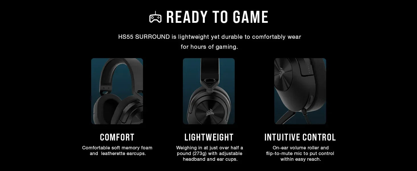 Corsair HS55 Surround Gaming Headset (Leatherette Memory Foam Ear Pads, Dolby Audio 7.1 Surround Sound on PC and Mac